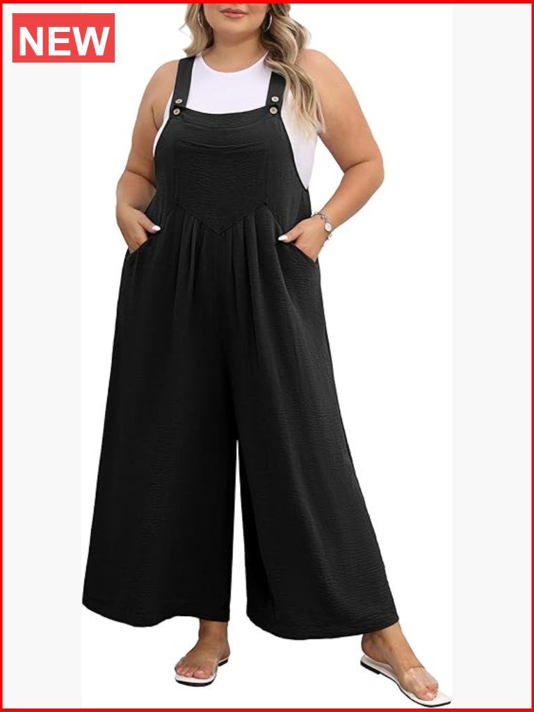 Plus Size Wide Leg Jumpsuit With Pockets Adjustable Straps Loose Fit